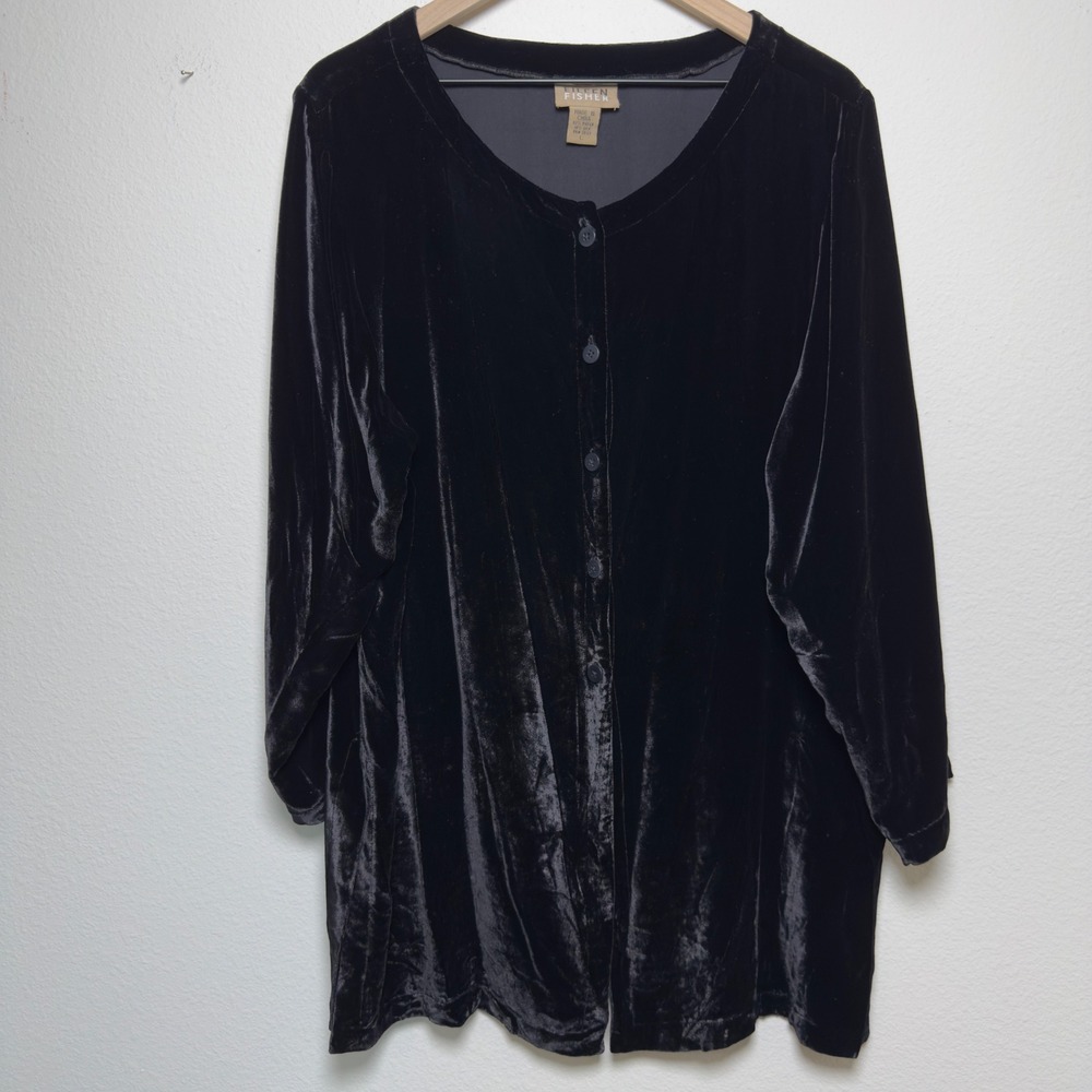 Eileen Fisher Women Silk Velvet Cardigan Tunic Top Large Black Button Front